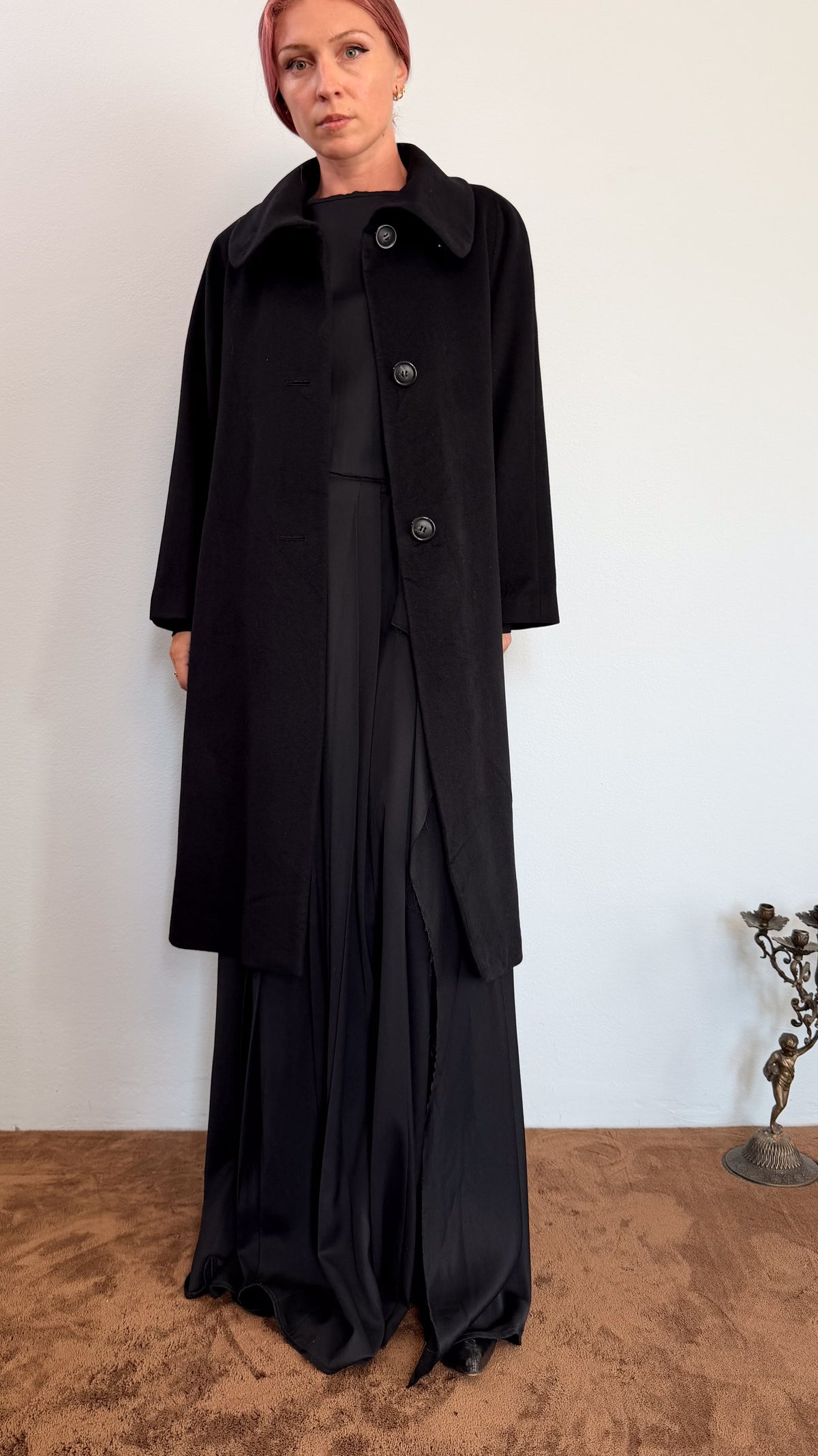 Cappotto in puro Cashmere made in Japan anni 90 nero midi collo cratere