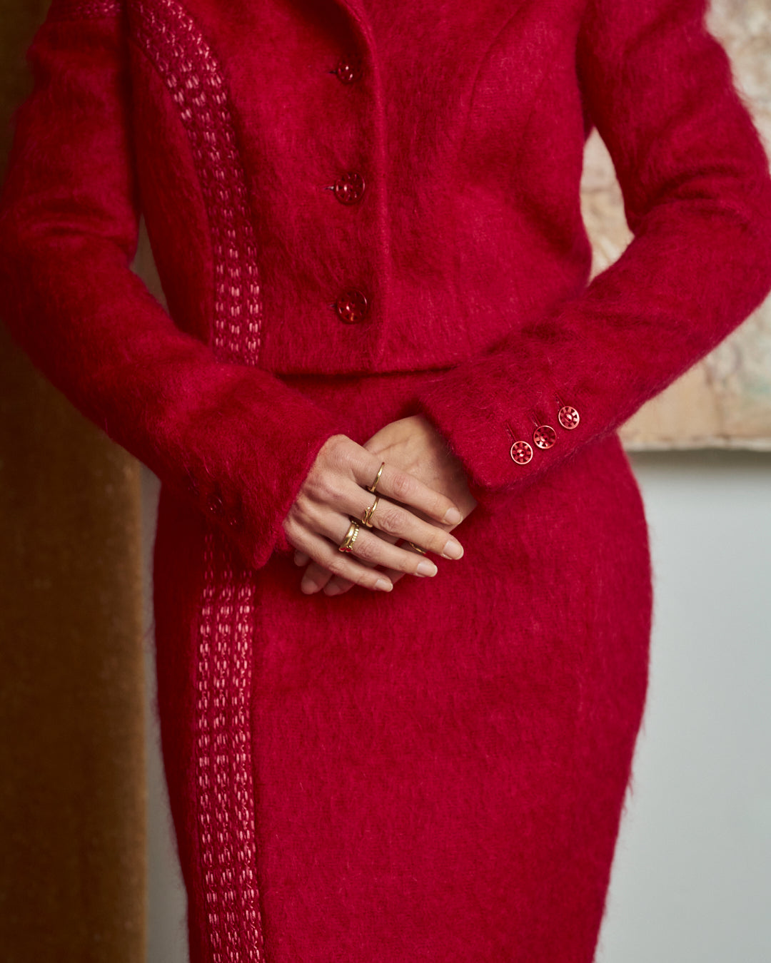 Completo in lana Mohair firmato Antonio Berardi rosso ciliegia ricamato