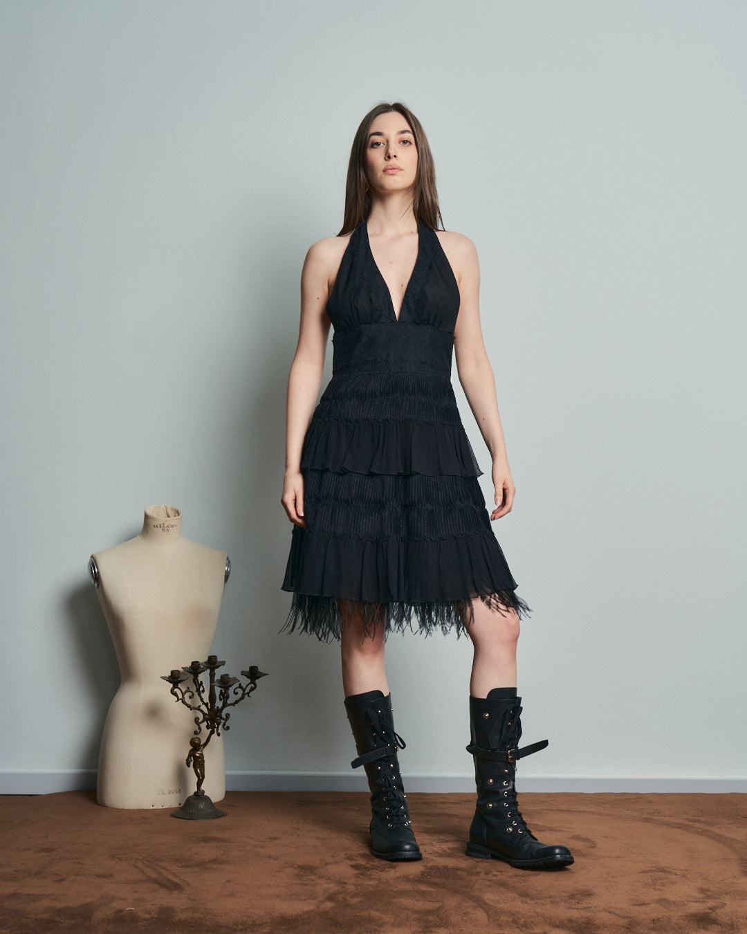 Abito collo americano e balze anni 2000 firmato BCBG MAXAZRIA