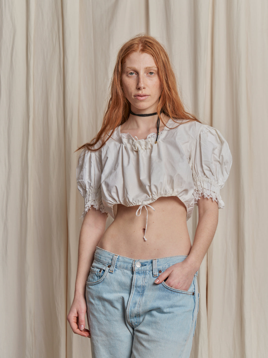 Blusa anni 70 in cotone con coulisse collo e seno