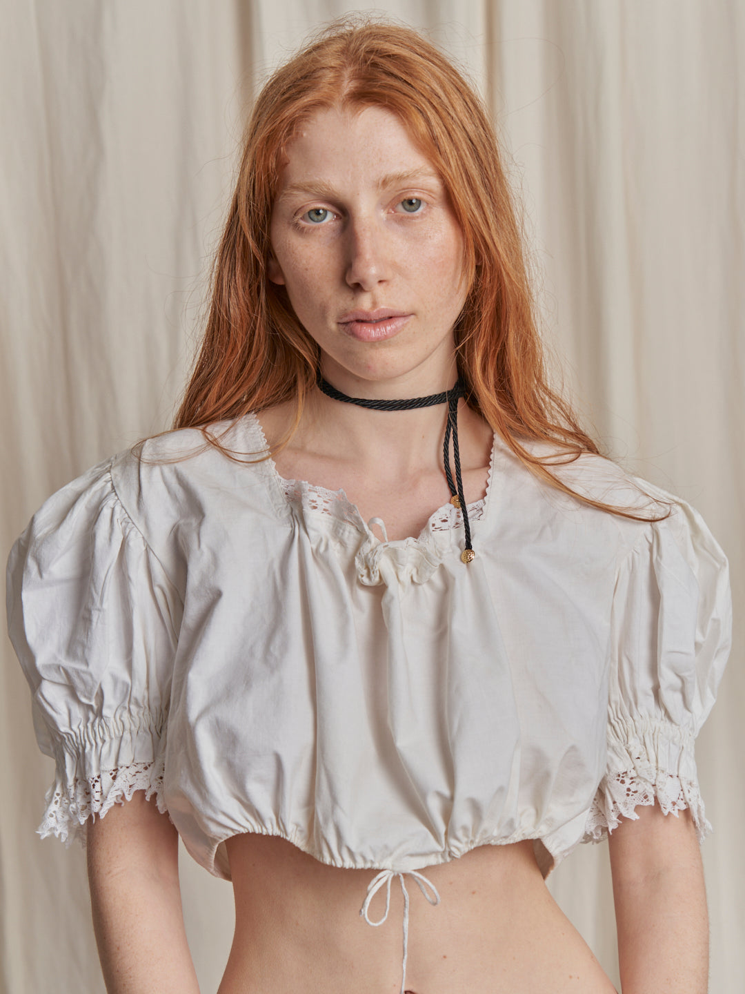 Blusa anni 70 in cotone con coulisse collo e seno