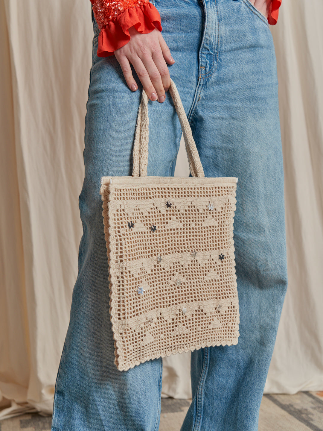 Borsa in cotone crochet foderata con Paillettes stelle argento