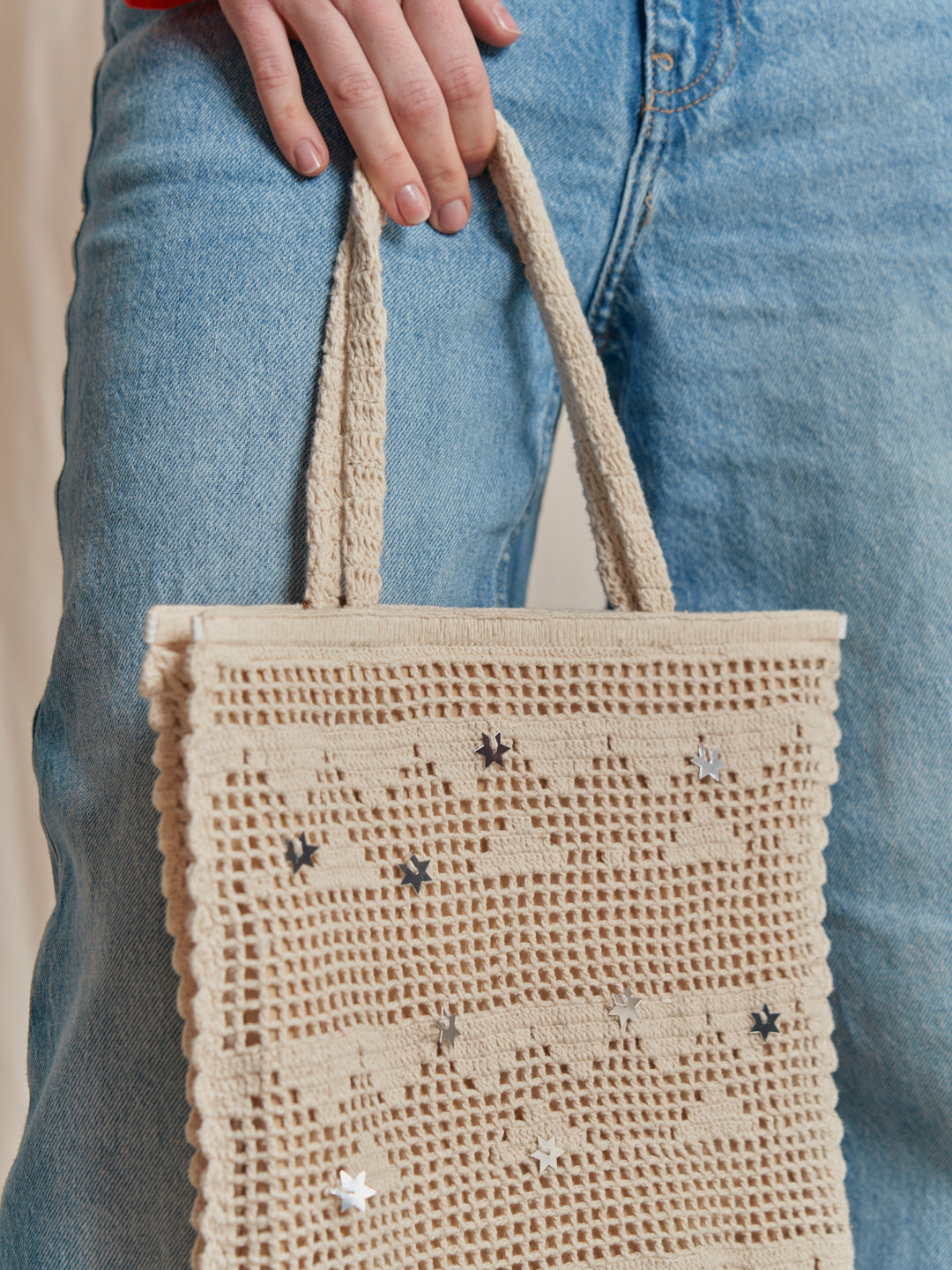 Borsa in cotone crochet foderata con Paillettes stelle argento