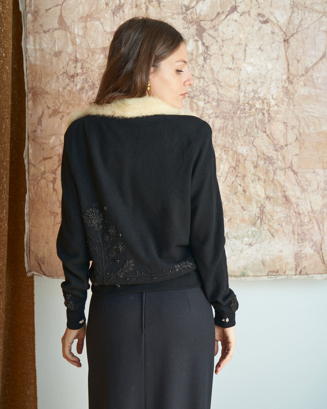 Cardigan in cachemere anni 50 made in Usa con collo in pelliccia