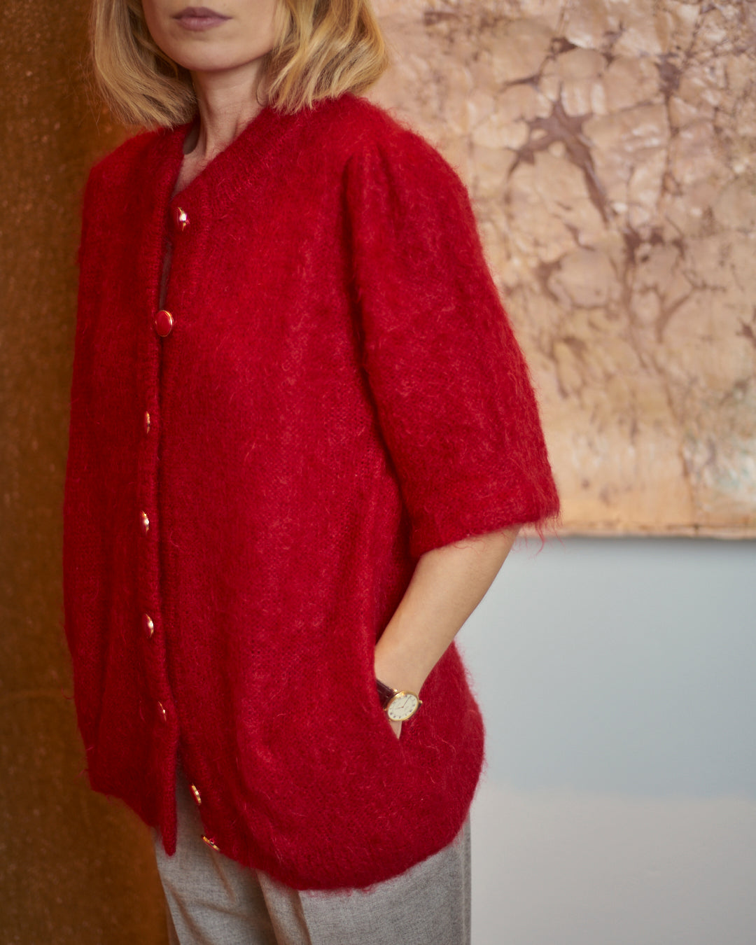 Cardigan mohair anni 80 con tasche e collo alto