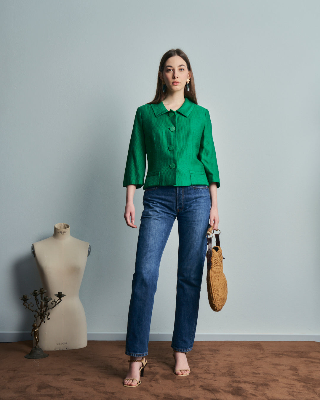 Giacca corta in seta anni 50 verde con spacchetti