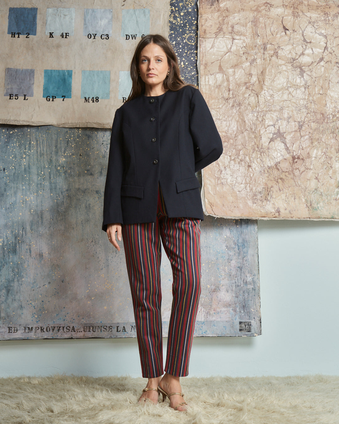 Giacca anni 70 in lana blu navy girocollo bottoni caramella