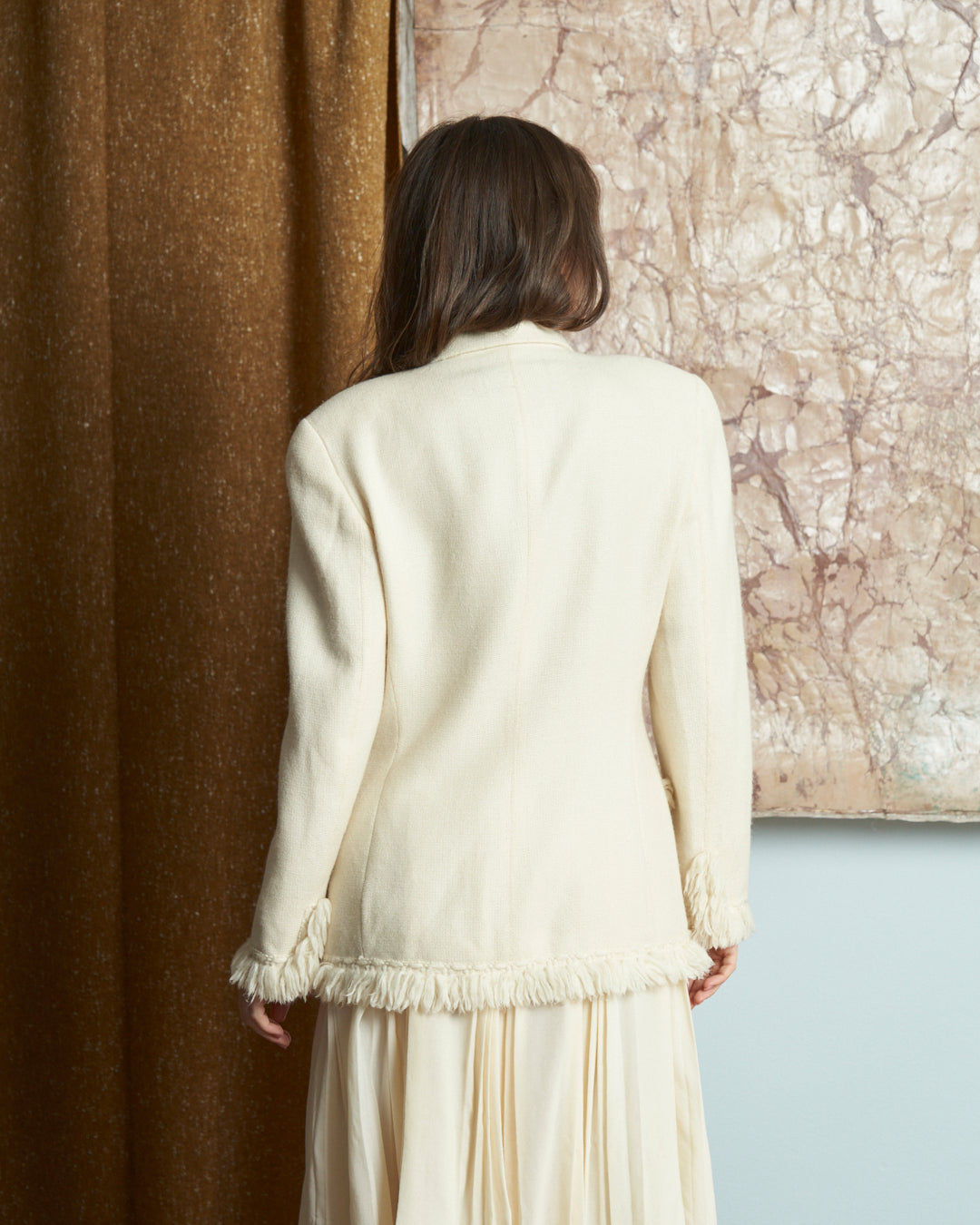 Giacca monopetto in lana e alpaca panna con frange