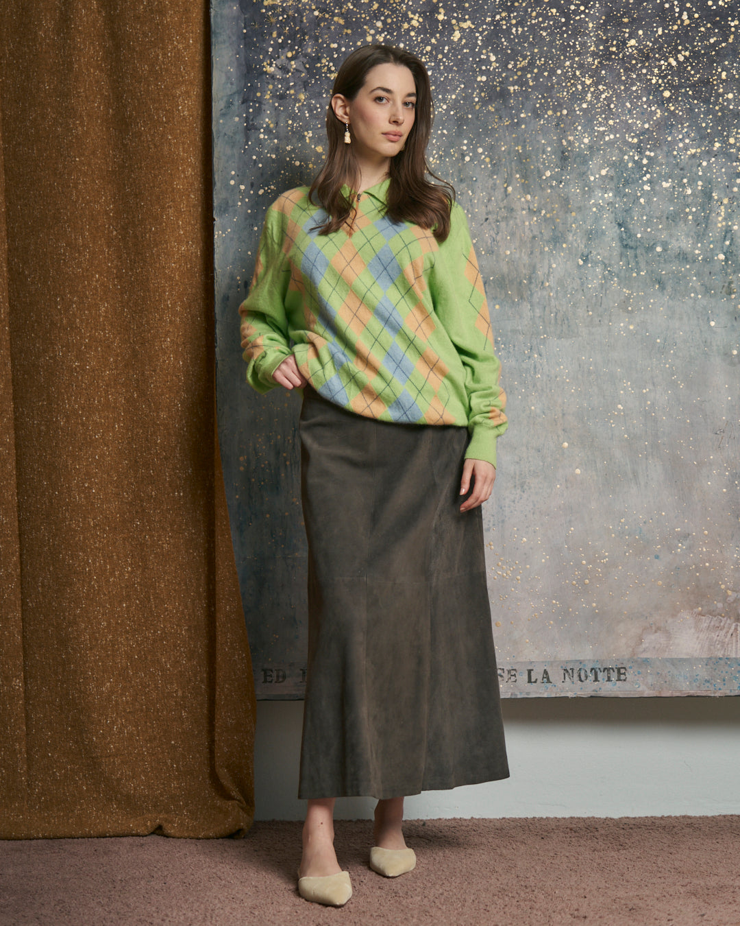 Maglia in cashmere polo a intarsi a rombi pastello