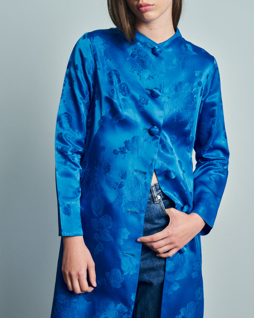 Cappotto anni 60 in tessuto jacquard blu reale