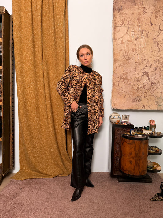 Giacca girocollo leopardata in lana lunga
