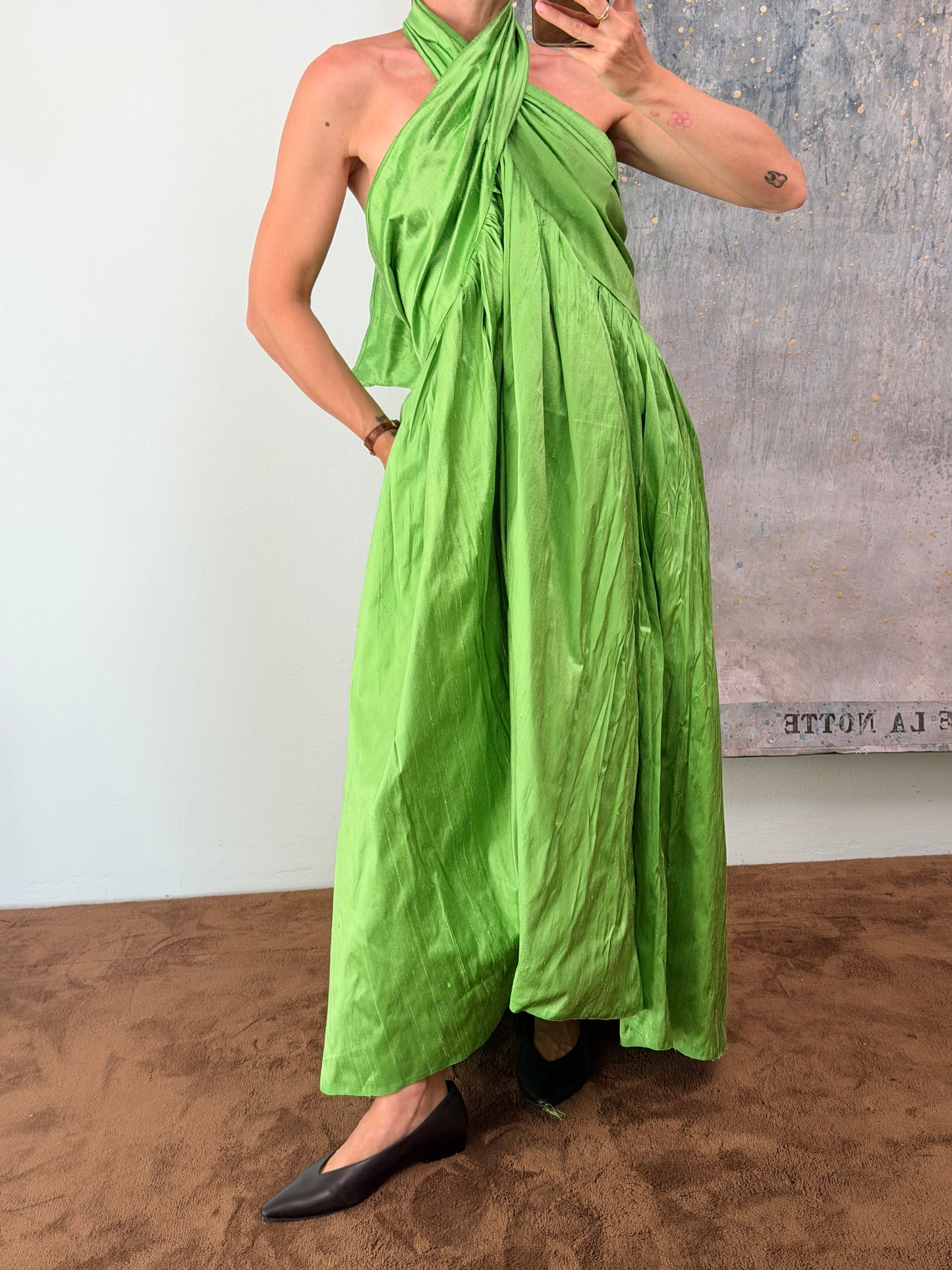 Set "Marisa" in shantung di seta verde mela, realizzato da Montanaro Vintage