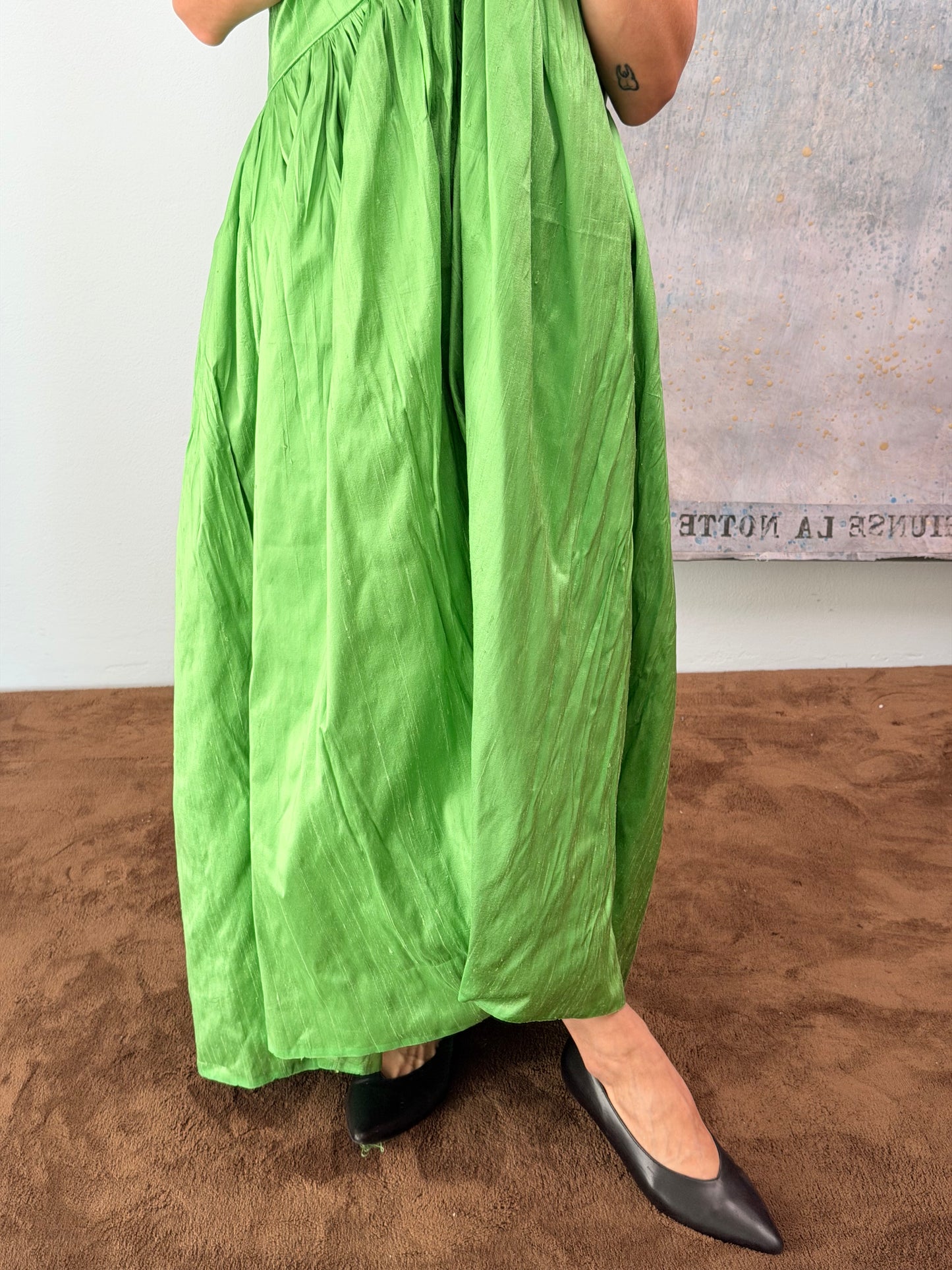 Set "Marisa" in shantung di seta verde mela, realizzato da Montanaro Vintage