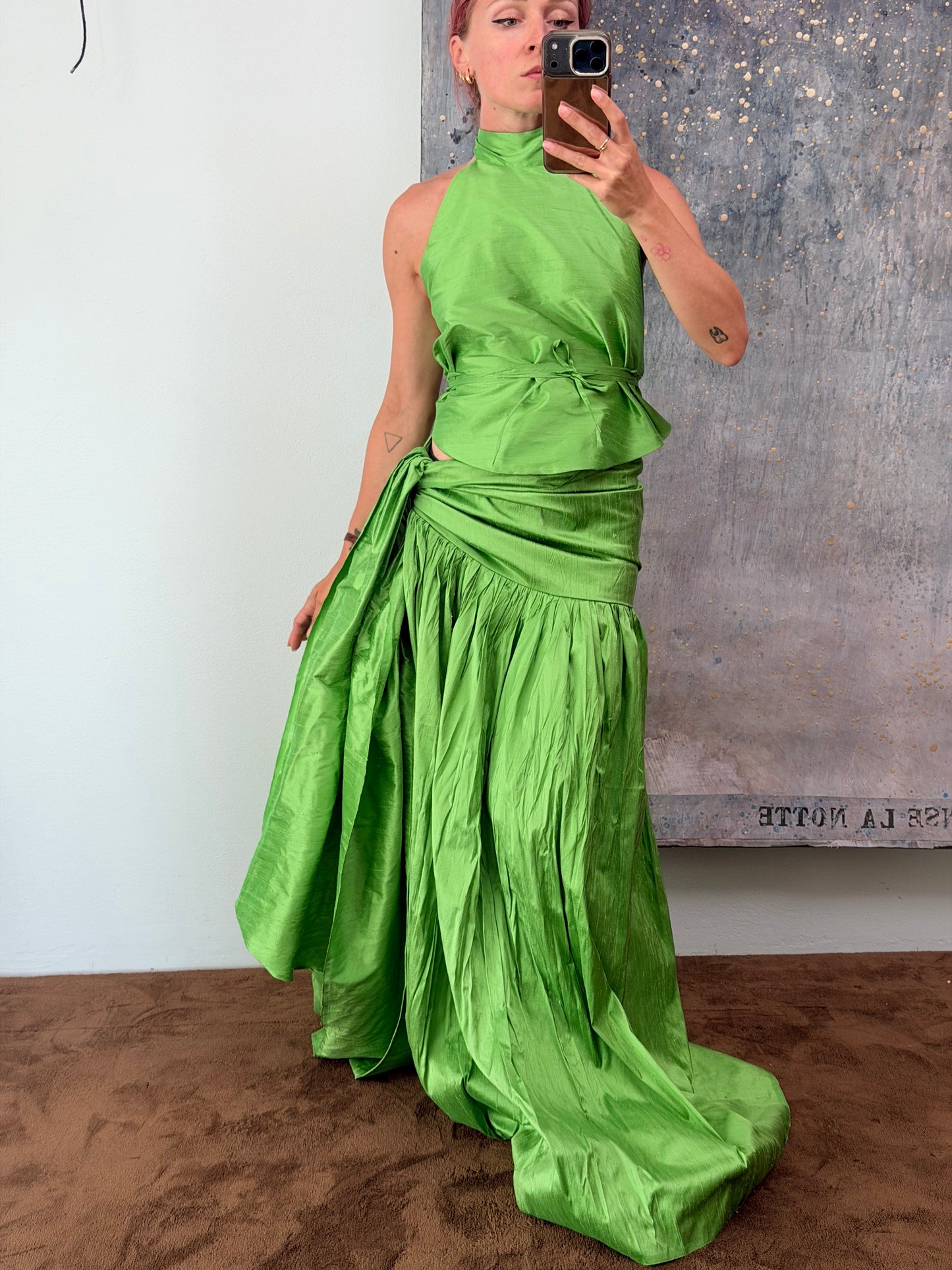 Set "Marisa" in shantung di seta verde mela, realizzato da Montanaro Vintage