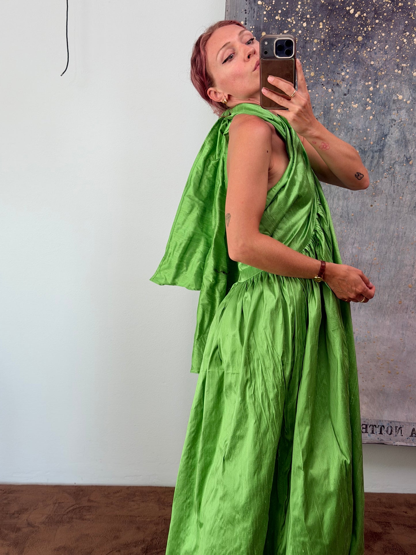 Set "Marisa" in shantung di seta verde mela, realizzato da Montanaro Vintage