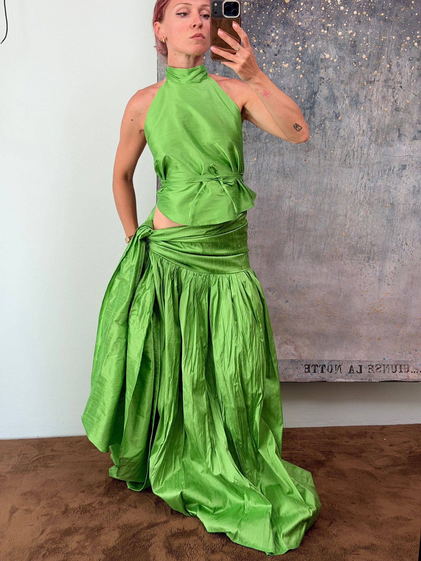 Set "Marisa" in shantung di seta verde mela, realizzato da Montanaro Vintage