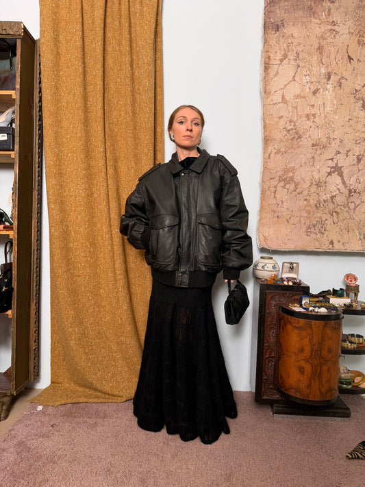 Bomber in pelle maschile con costine in lana e tasconi