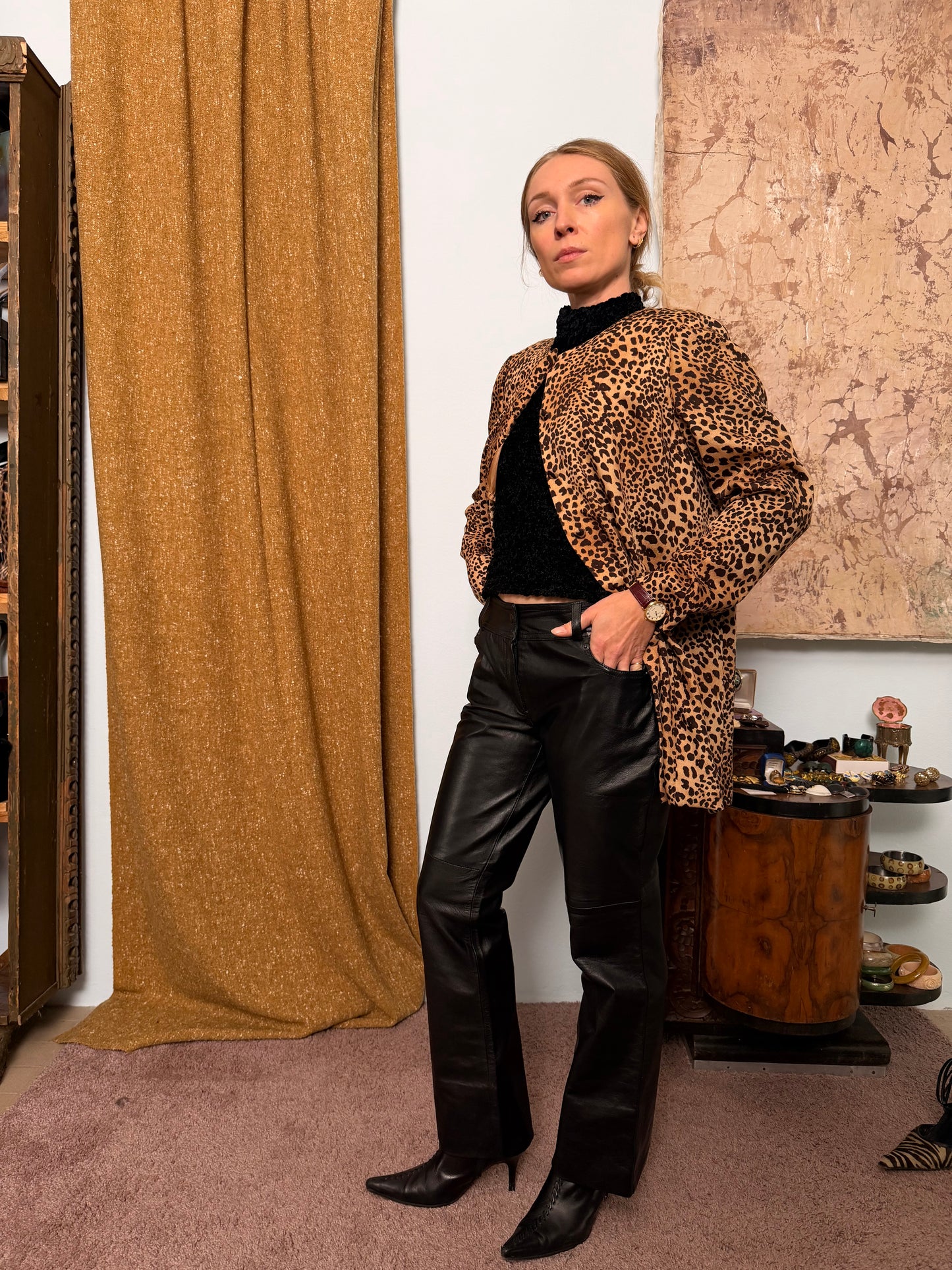 Giacca girocollo leopardata in lana lunga