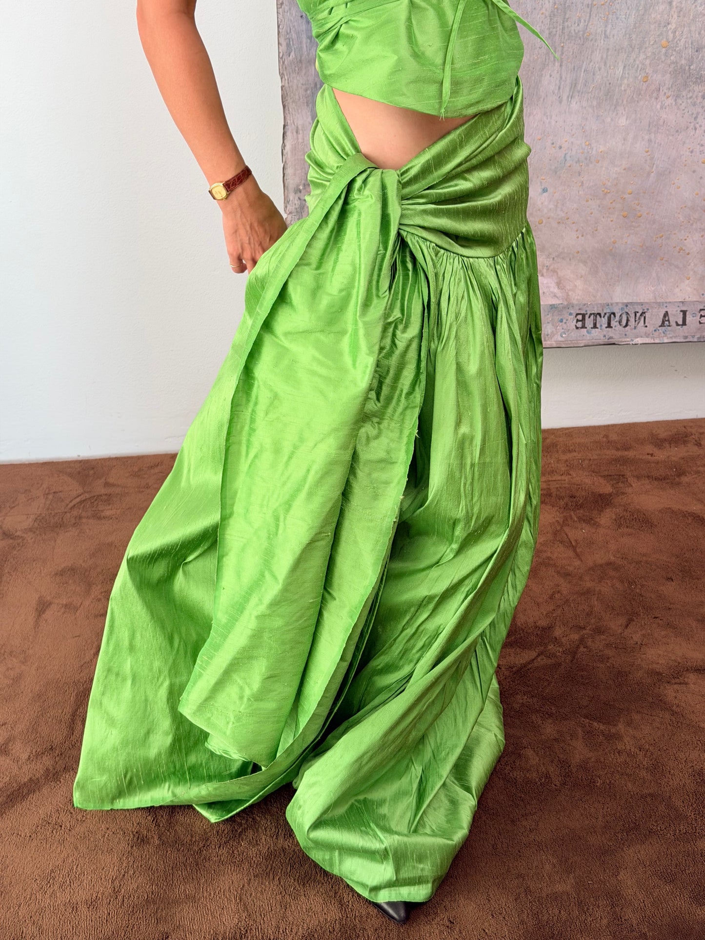 Set "Marisa" in shantung di seta verde mela, realizzato da Montanaro Vintage