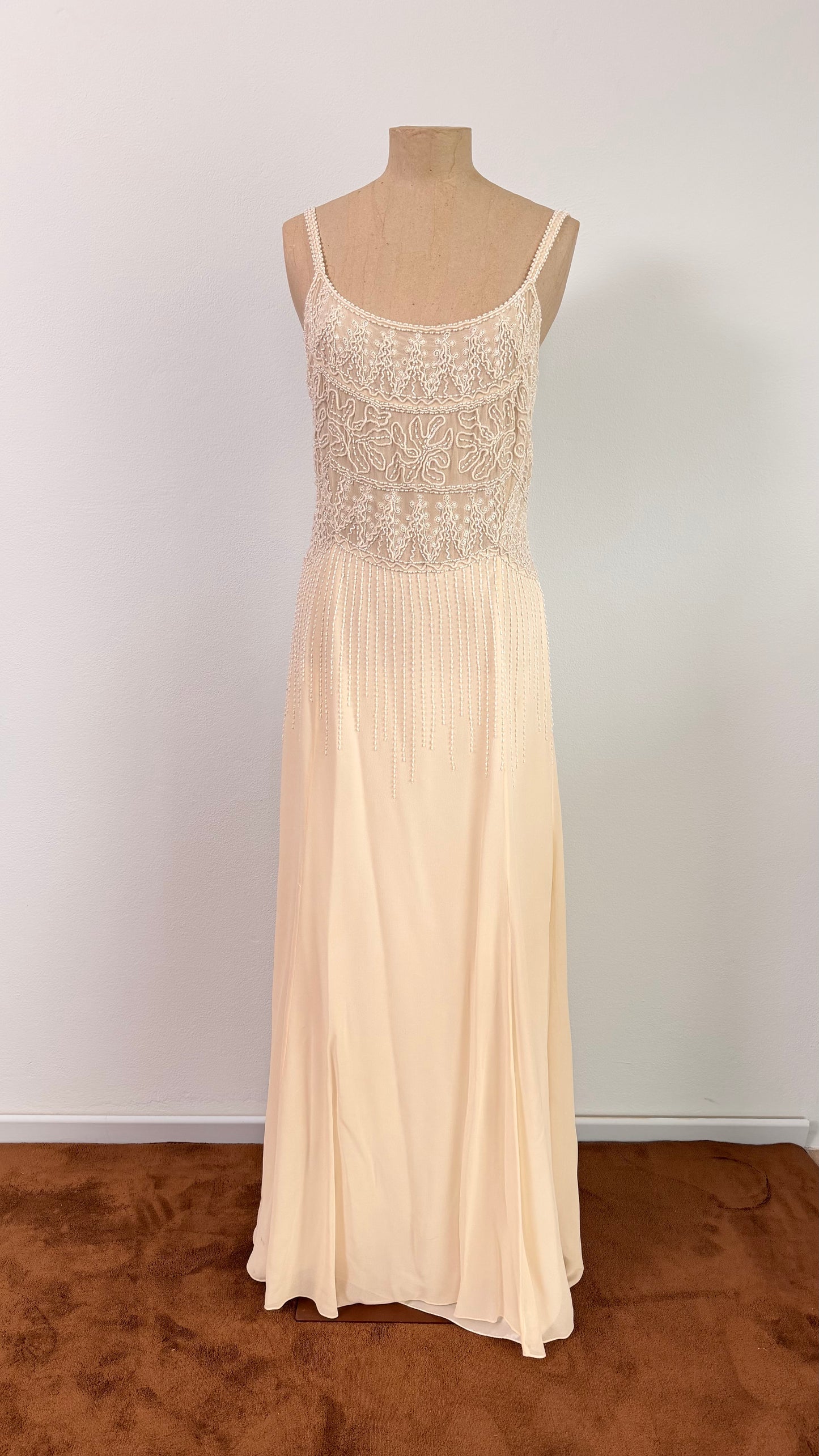 Abito da sposa o da sera con ricami e perline in pura seta