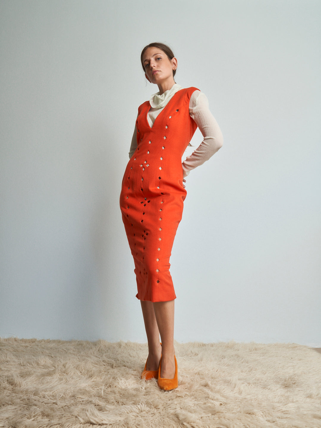 Abito Antonio Berardi fw1998\99 in lana e cachemere ricamato a tubino con spacco