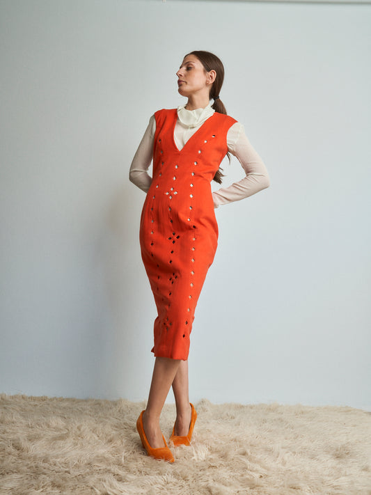 Abito Antonio Berardi fw1998\99 in lana e cachemere ricamato a tubino con spacco