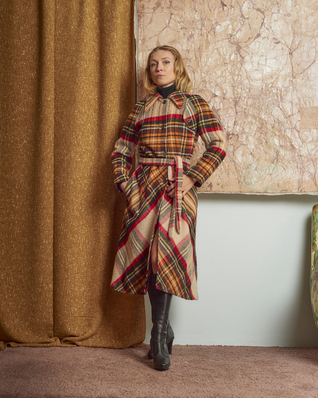Cappotto anni 70 con gonna ampia tartan