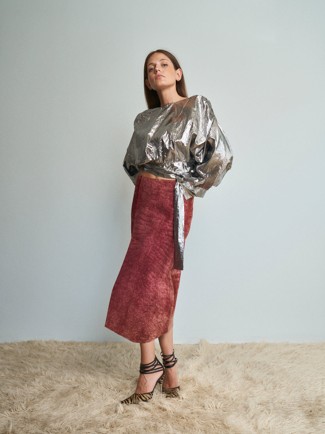 Blusa incrociata crop Laminata Superior anni 80 con cartellino