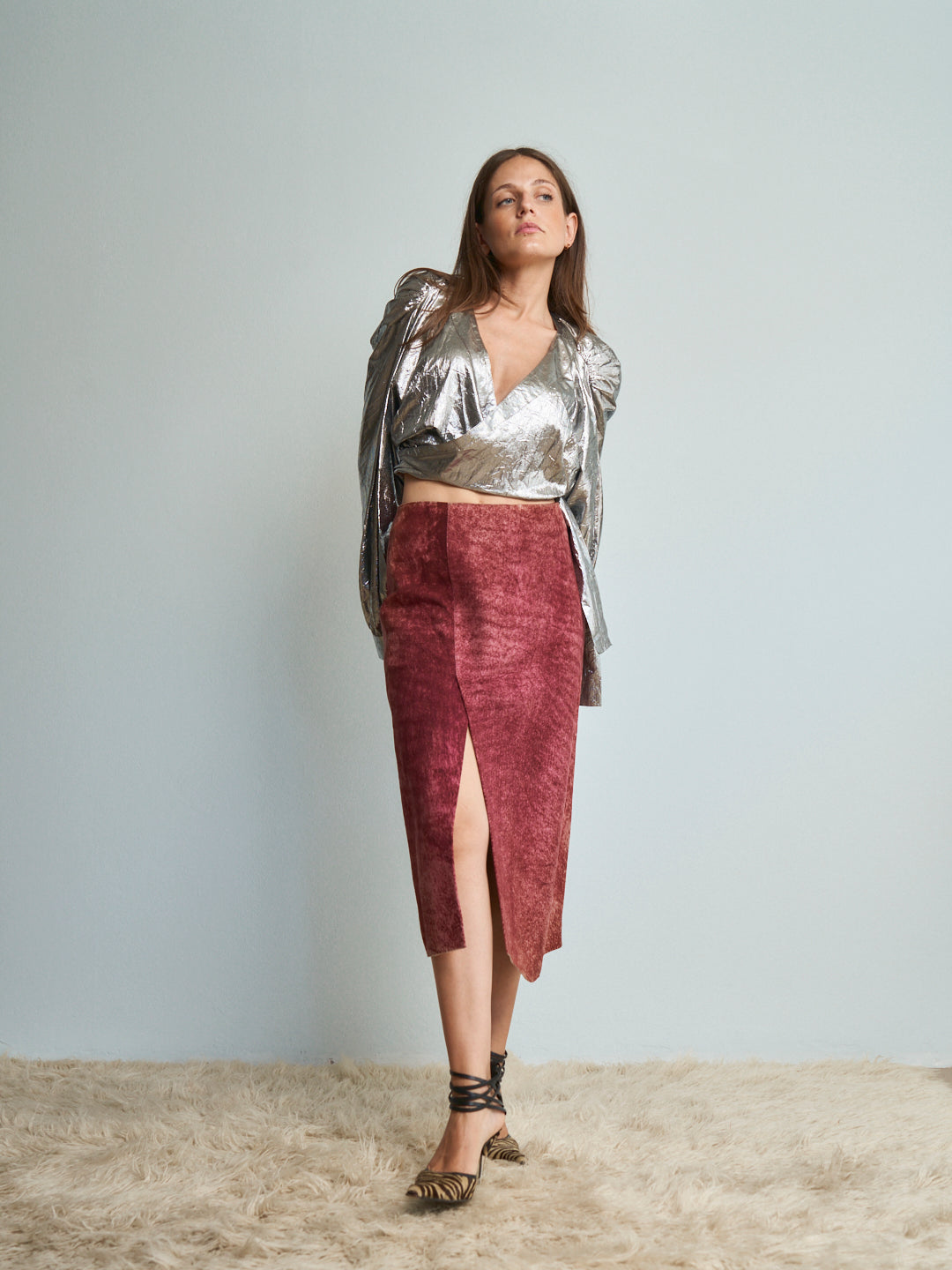 Blusa incrociata crop Laminata Superior anni 80 con cartellino