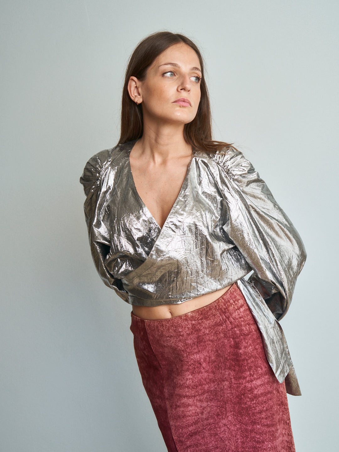 Blusa incrociata crop Laminata Superior anni 80 con cartellino