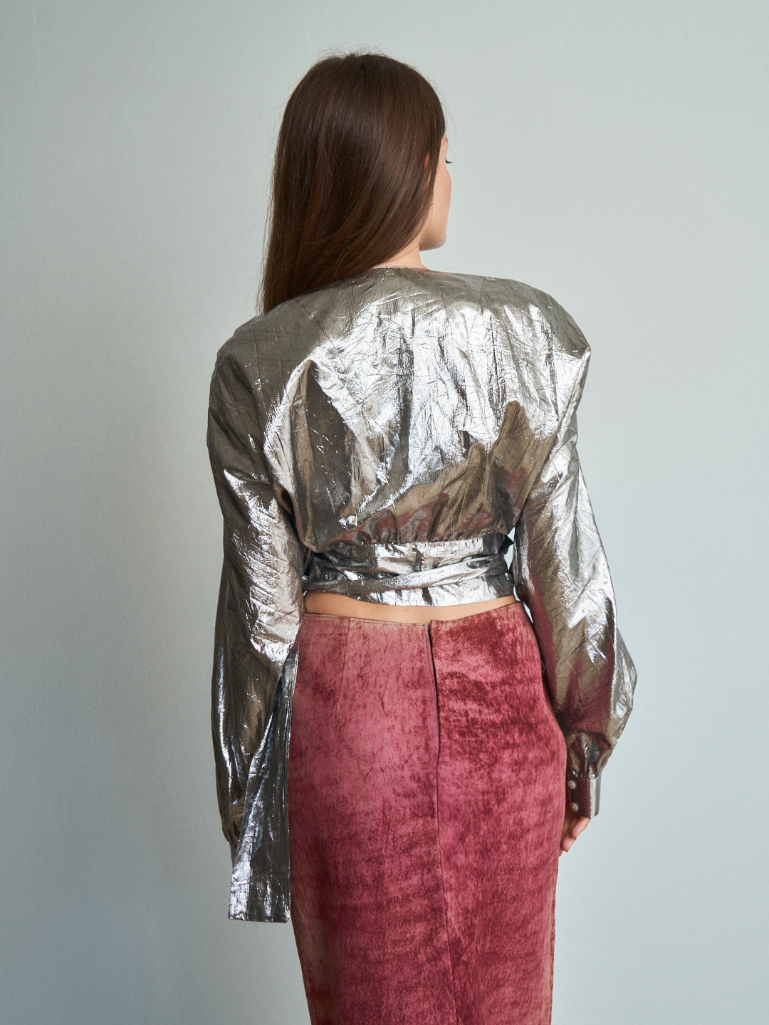 Blusa incrociata crop Laminata Superior anni 80 con cartellino