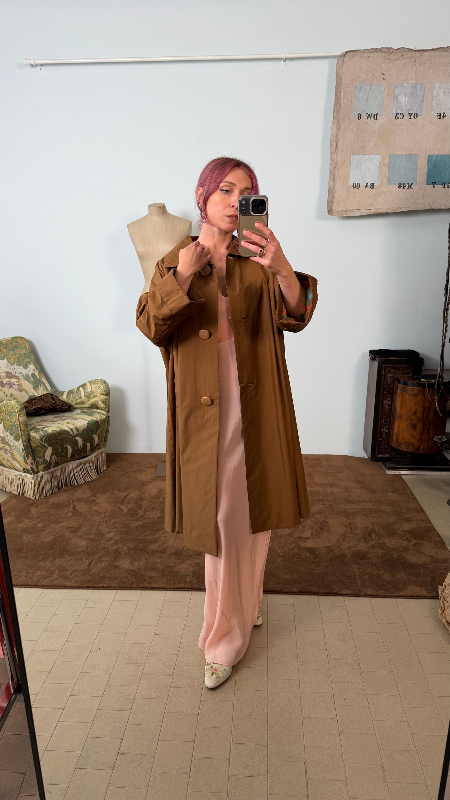 Cappotto americano vintage in seta originale anni 50 con grandi bottoni