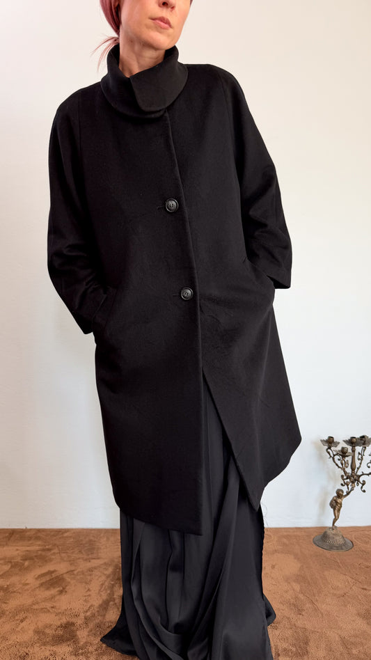 Cappotto in puro Cashmere made in Japan anni 90 nero midi collo cratere
