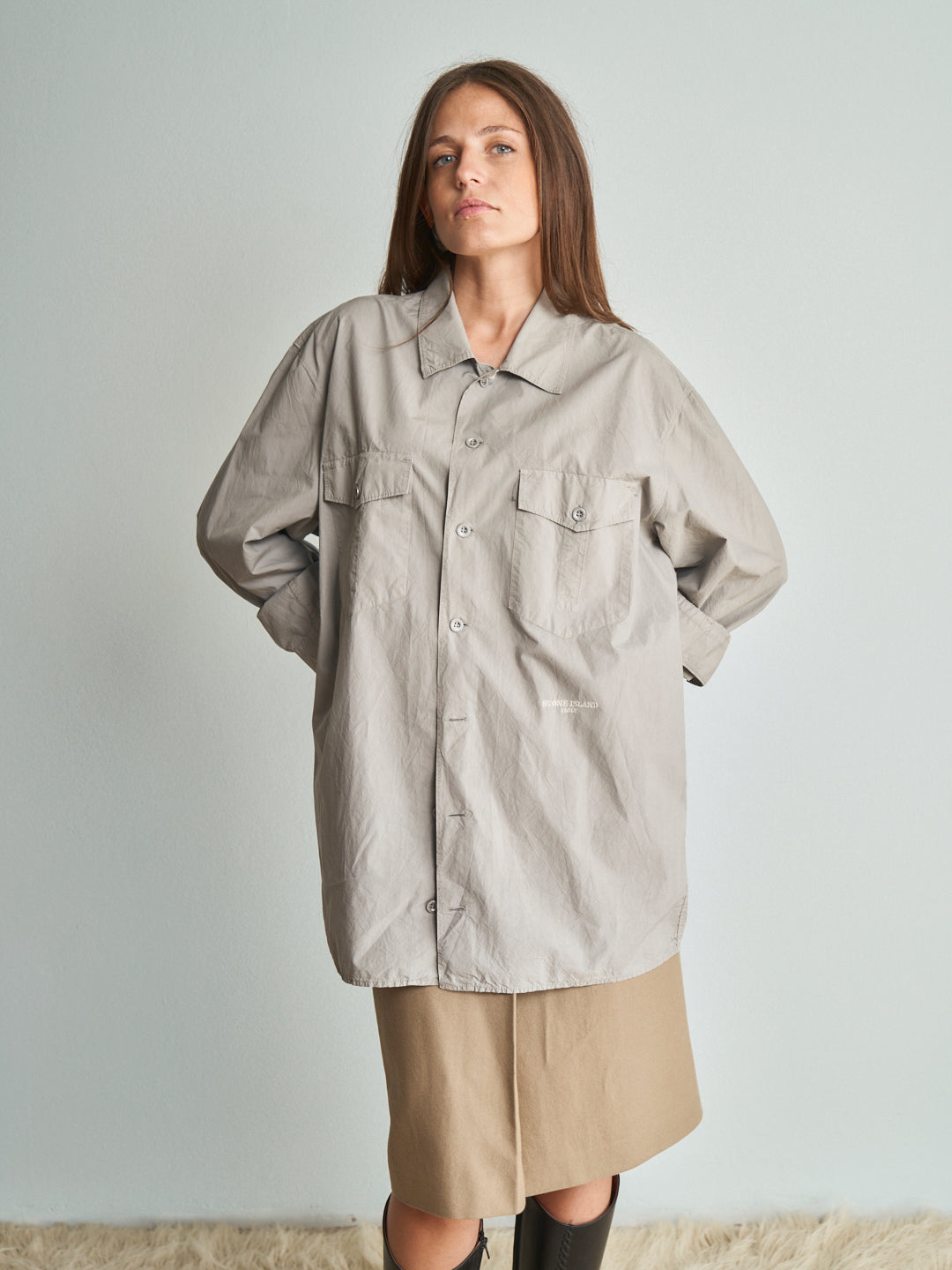 Camicia Stone Island in cotone,manica lunga color calce