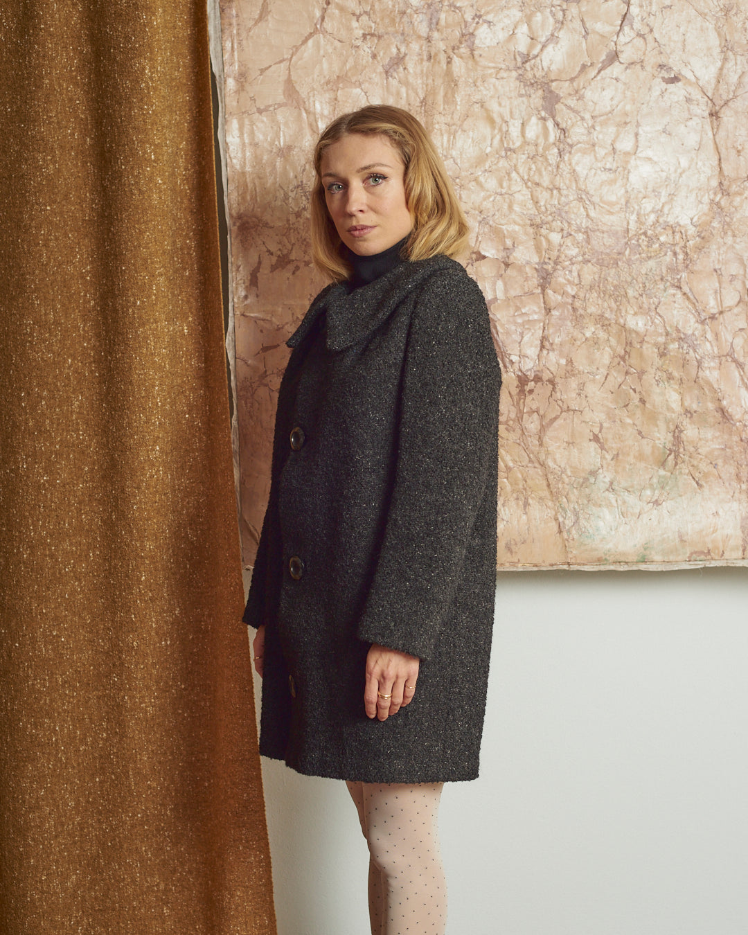 Cappotto in lana bouclé anni 60 sartoriale nero melange