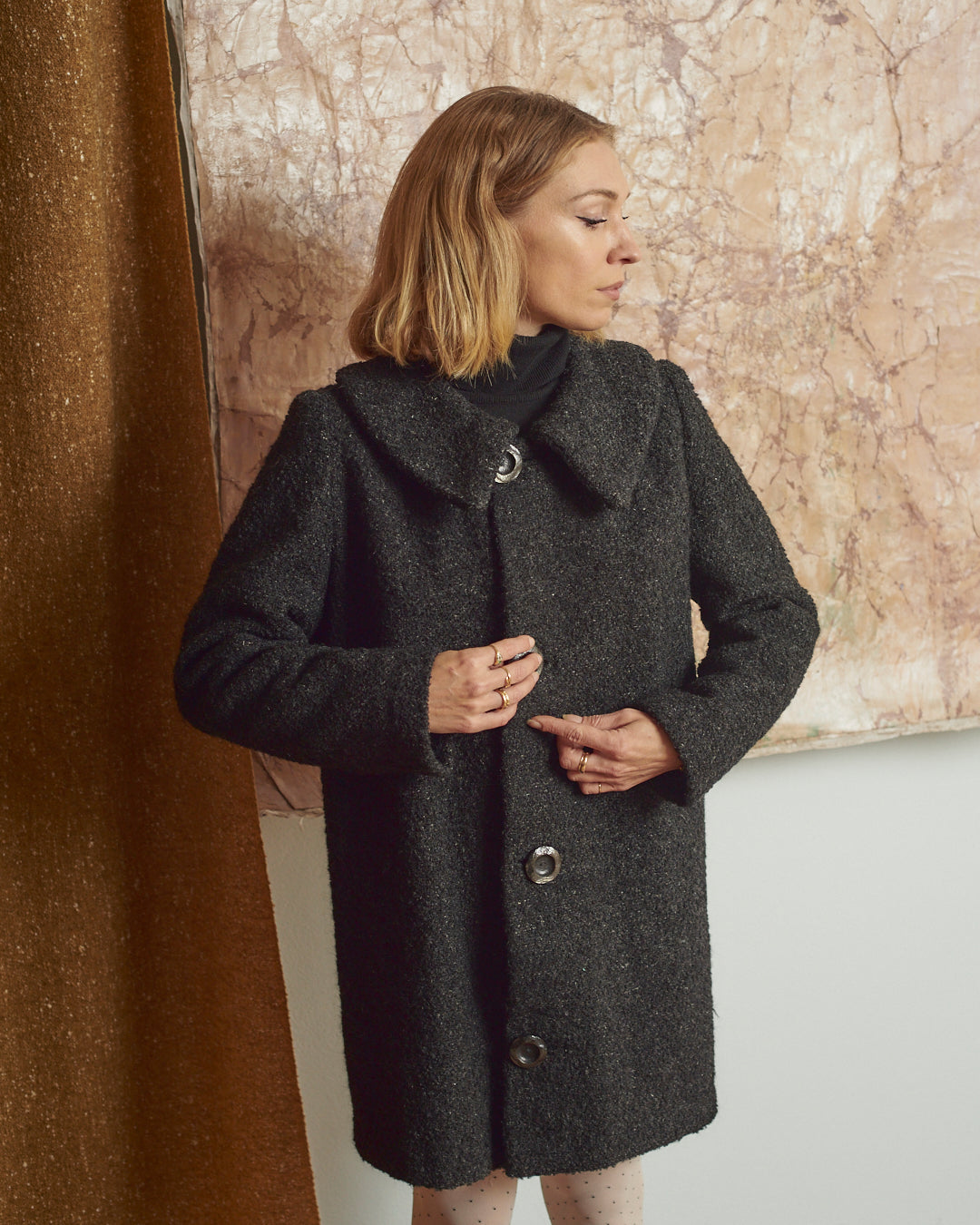 Cappotto in lana bouclé anni 60 sartoriale nero melange