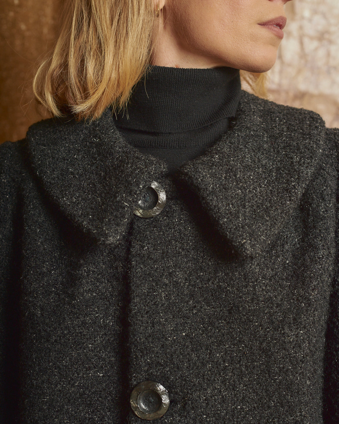 Cappotto in lana bouclé anni 60 sartoriale nero melange