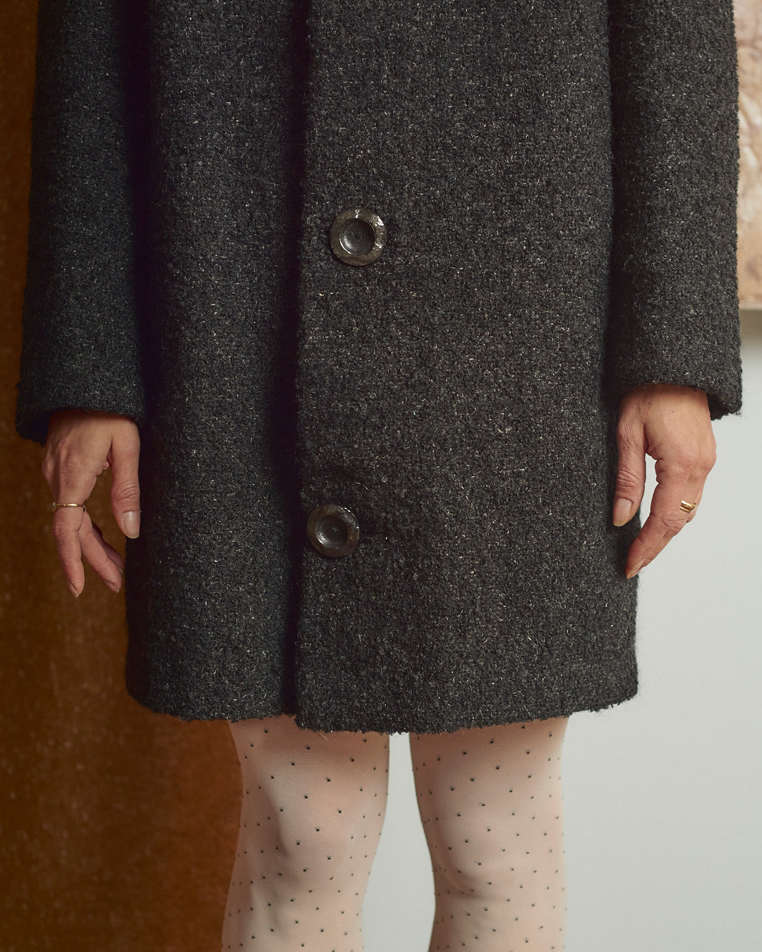 Cappotto in lana bouclé anni 60 sartoriale nero melange