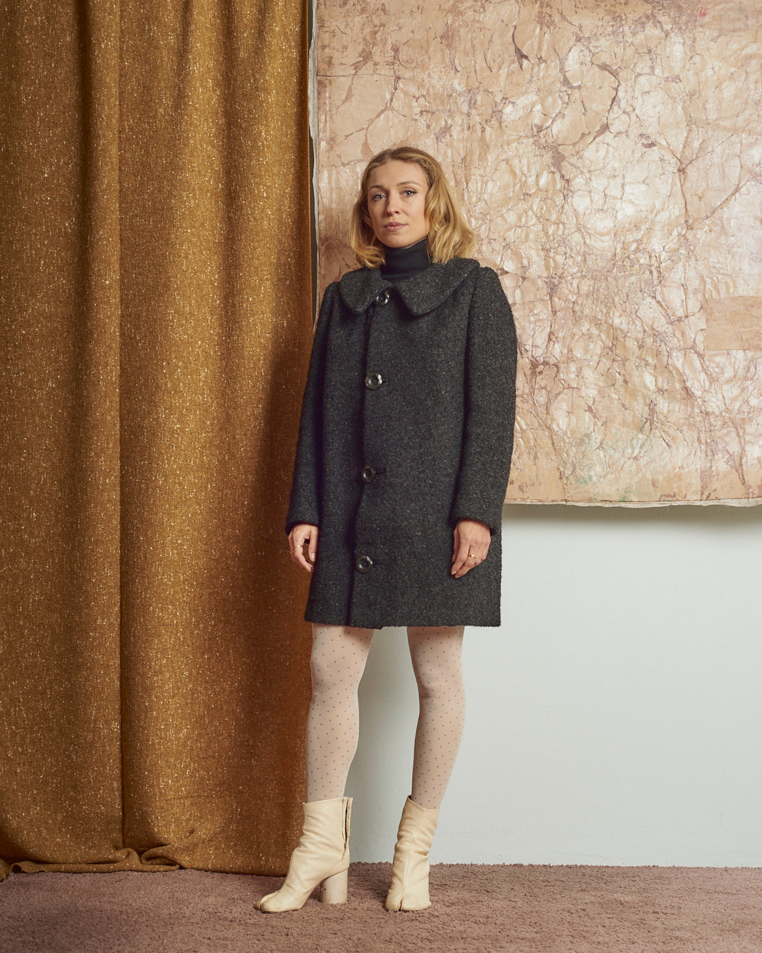 Cappotto in lana bouclé anni 60 sartoriale nero melange