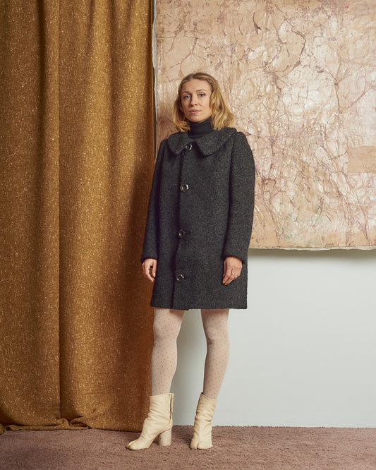 Cappotto in lana bouclé anni 60 sartoriale nero melange