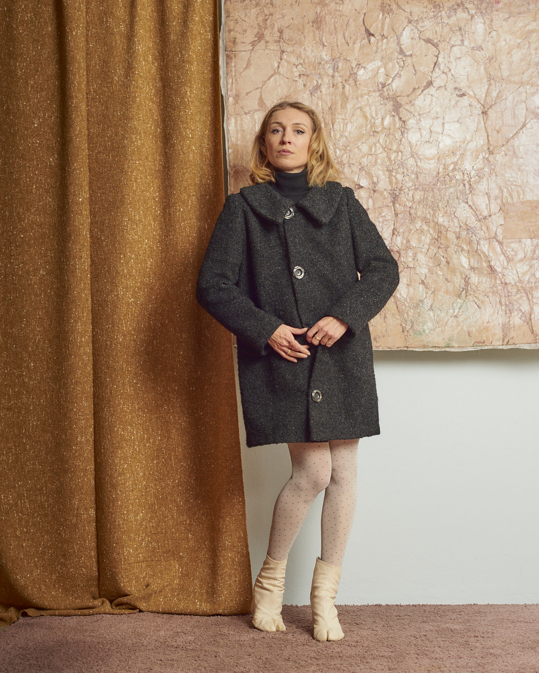 Cappotto in lana bouclé anni 60 sartoriale nero melange