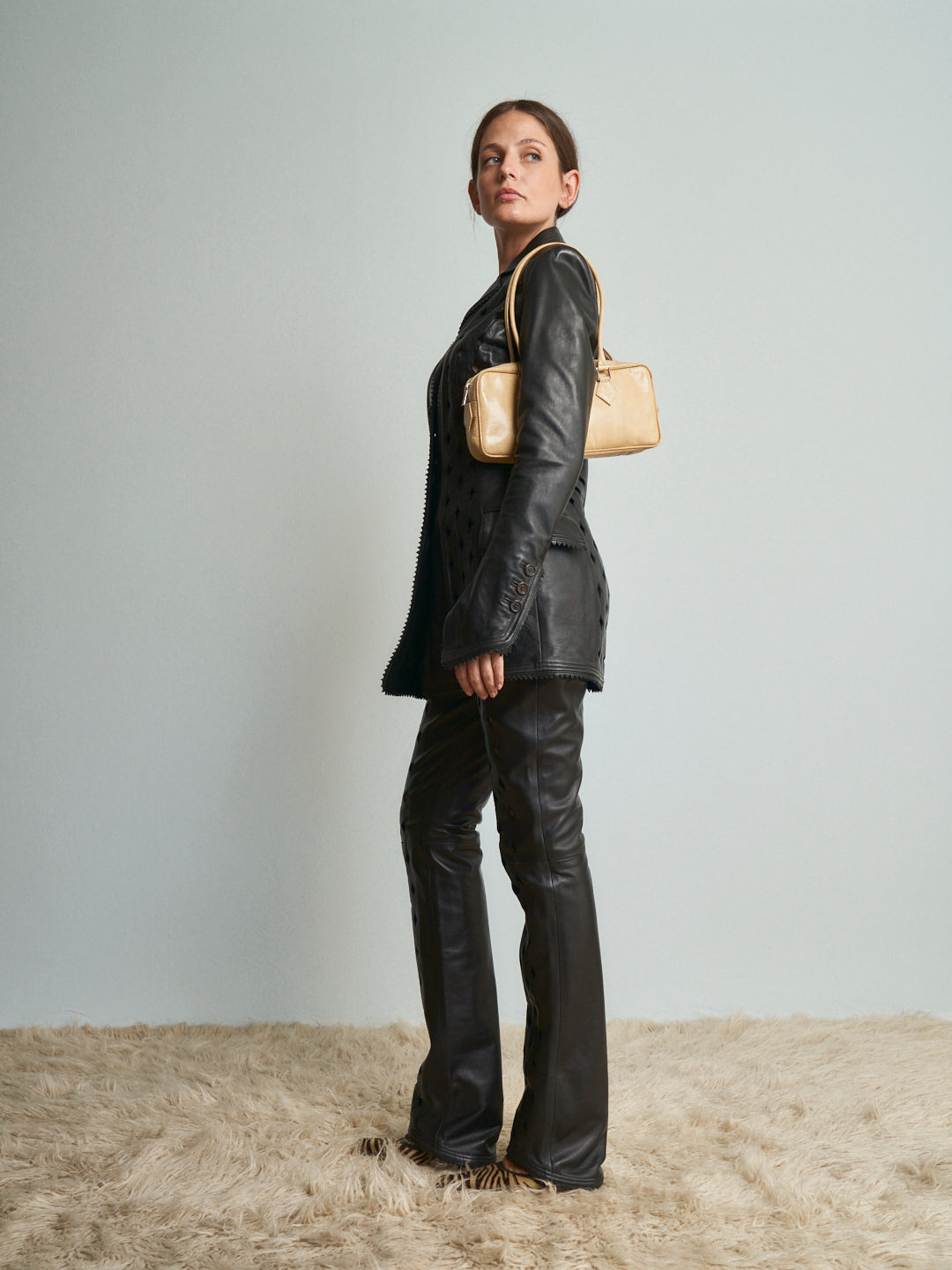 Completo Antonio Berardi fw 1998\1999 in pelle intagliata e ricamata