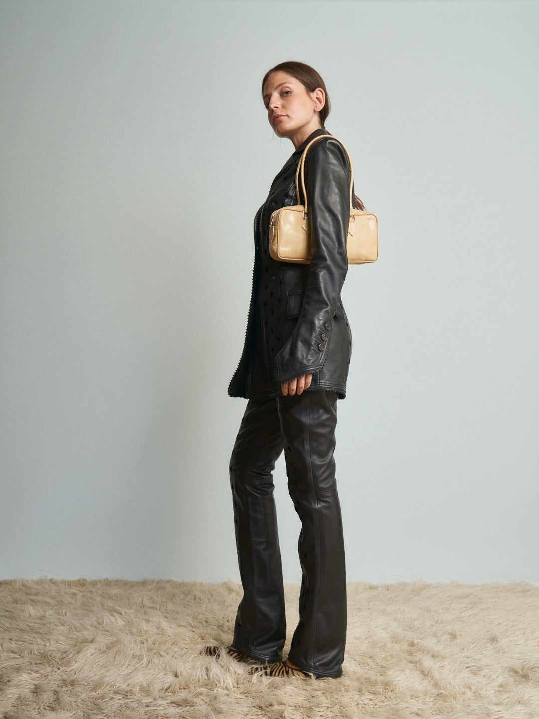 Completo Antonio Berardi fw 1998\1999 in pelle intagliata e ricamata