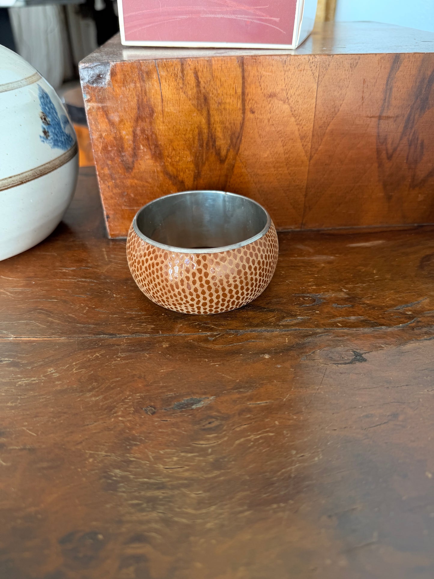 Bracciale Bangle in pelle effetto serpente e metallo anni 80