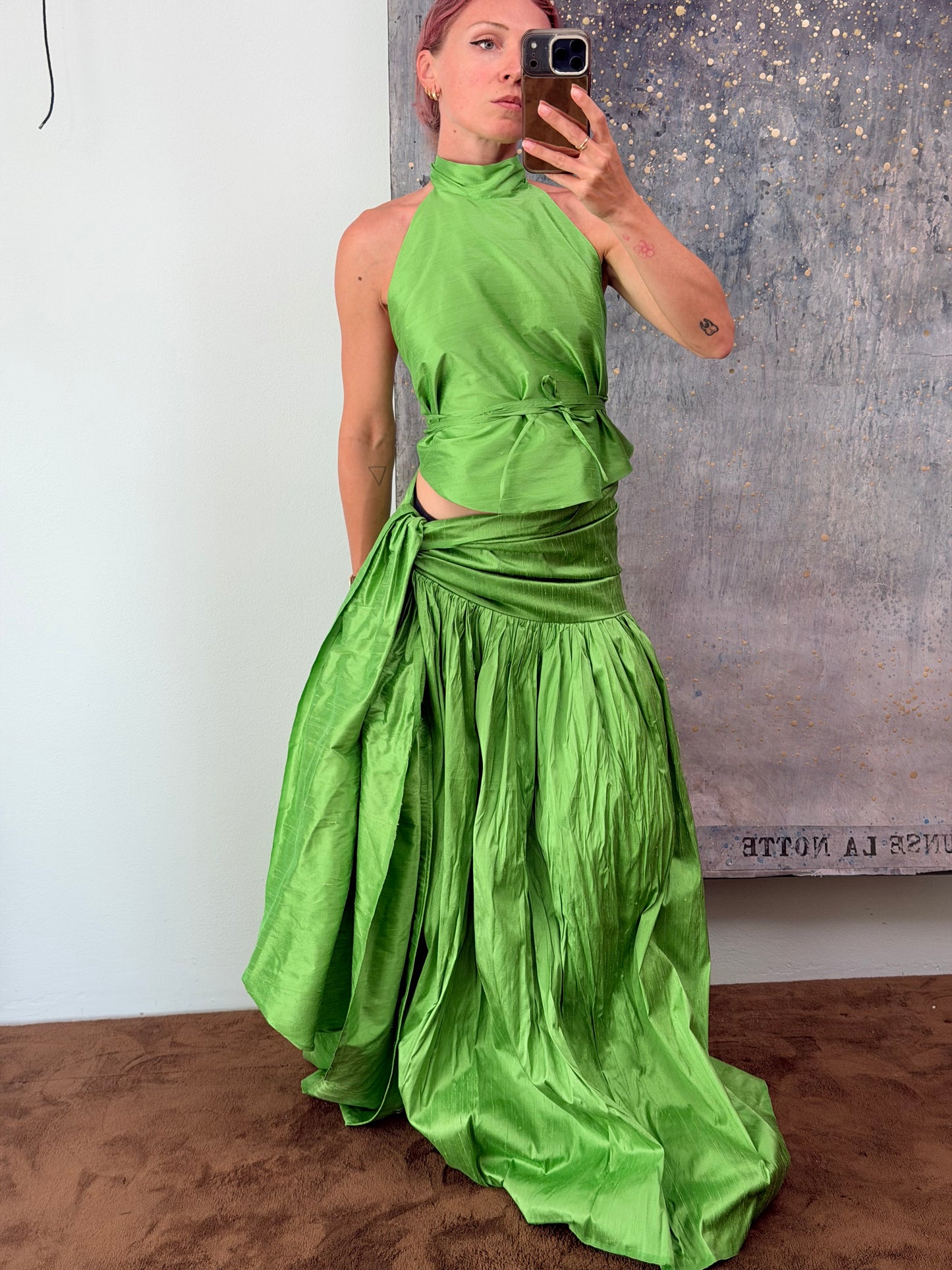 Set "Marisa" in shantung di seta verde mela, realizzato da Montanaro Vintage