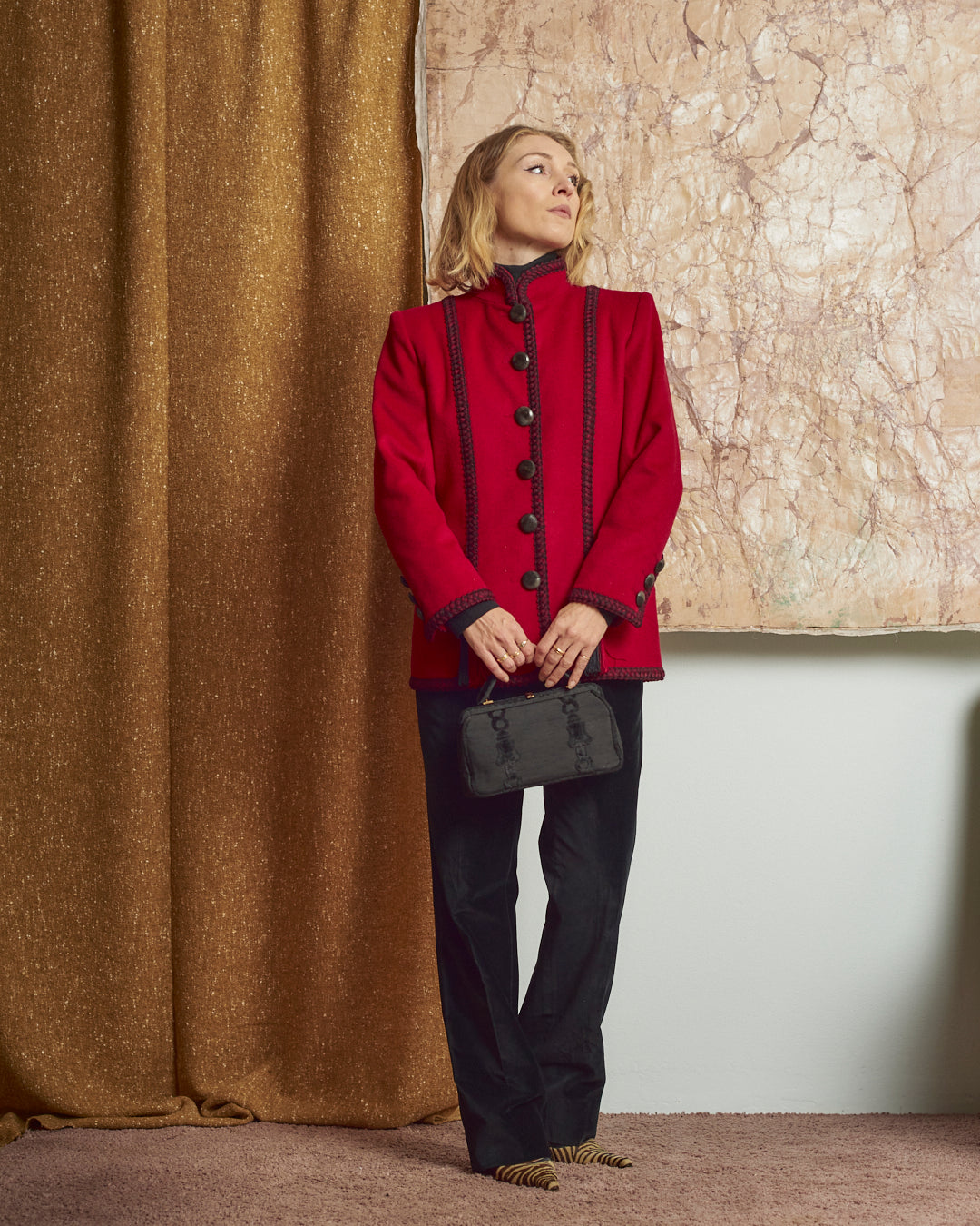 Borsa a mano in seta schantung e velluto stampato fibbie