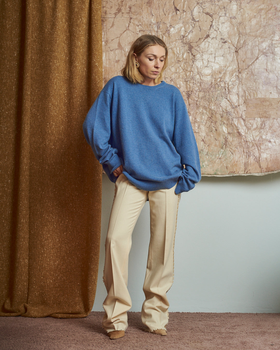 Maglia girocollo uomo in cachemire blu ceruleo