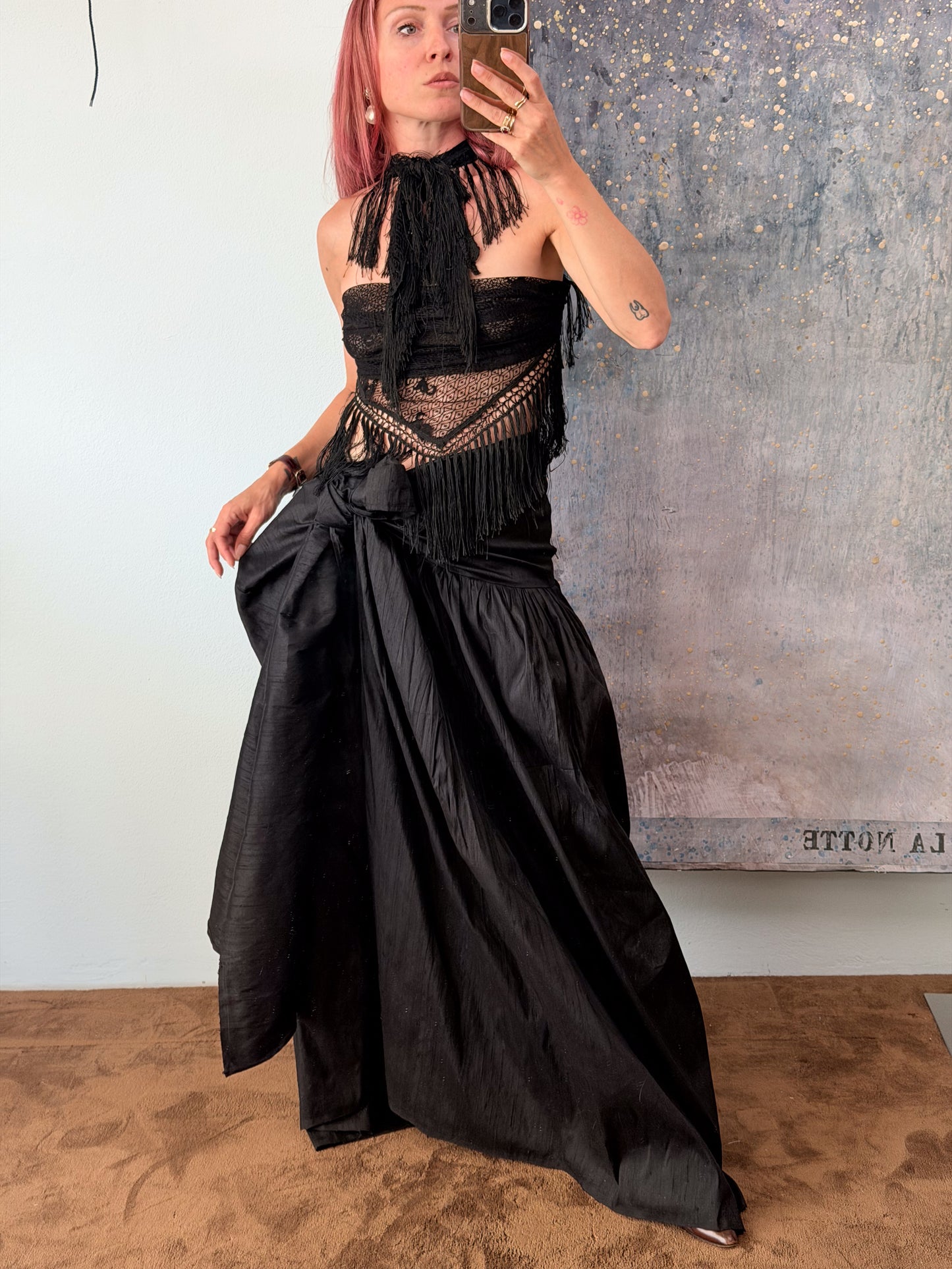 Gonna "Marisa" in shantung di seta nero, realizzata da Montanaro Vintage