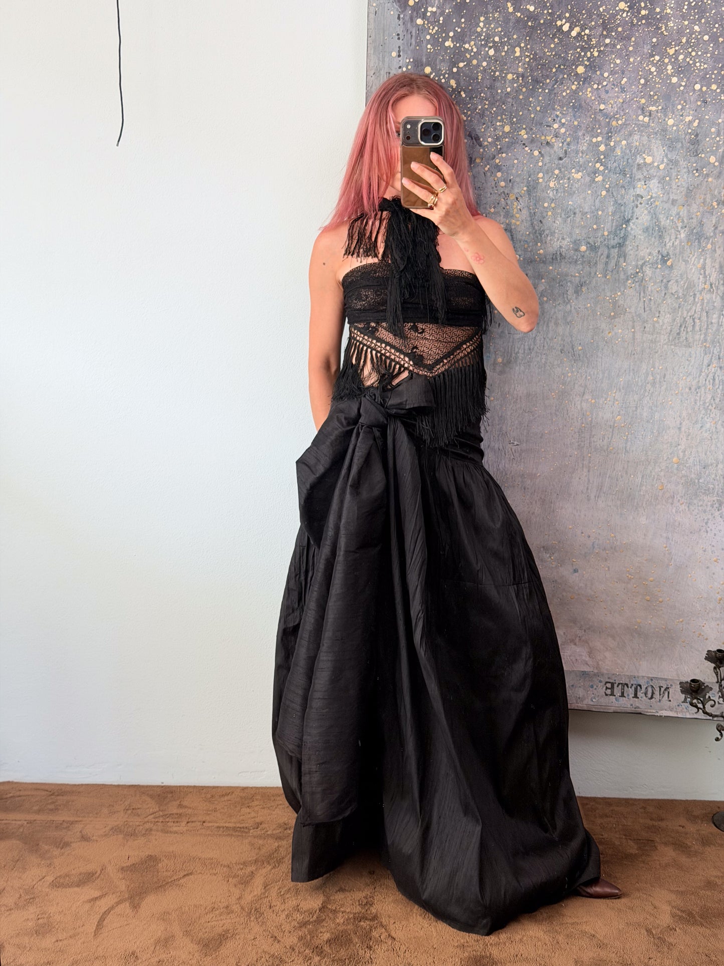 Gonna "Marisa" in shantung di seta nero, realizzata da Montanaro Vintage