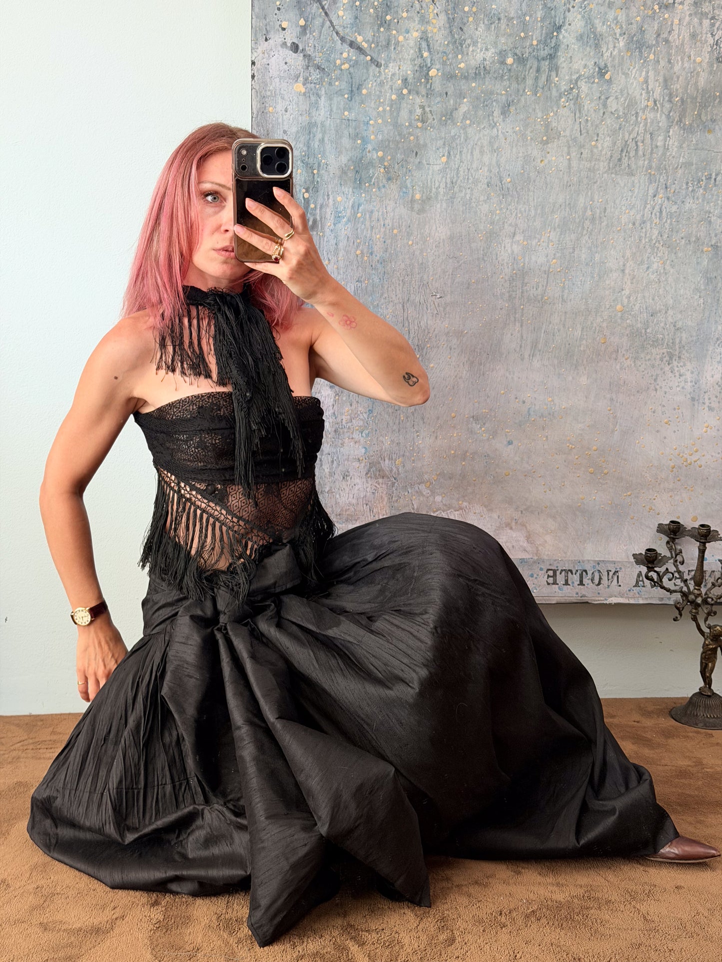 Gonna "Marisa" in shantung di seta nero, realizzata da Montanaro Vintage